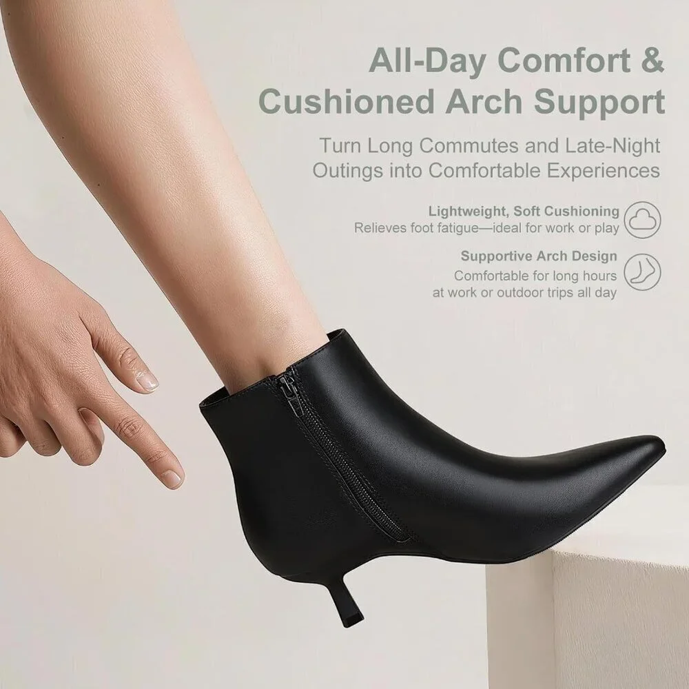 Women's Black Kitten Heel Ankle Winter Dress Shoes Pointed Toe Side Zipper Boots
